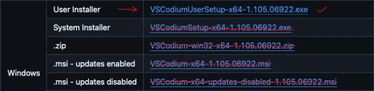 Screenshot of the GitHub releases page displaying the Windows executable (VSCodium-Setup‑*.exe) ready to download.
