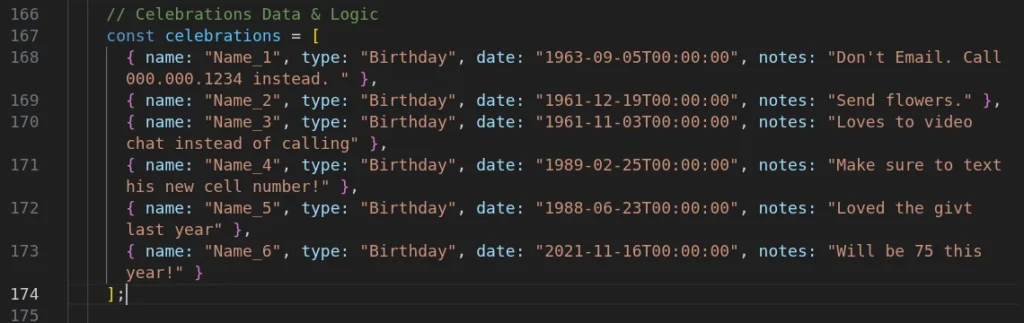 Screenshot of VSCodium code editor highlighting the specific lines in the celebrations.html file where names and dates should be edited.