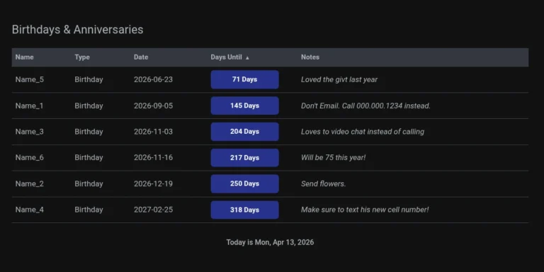 Screenshot of the Celebrations app showing a list of birthdays and anniversaries with color-coded countdown tags