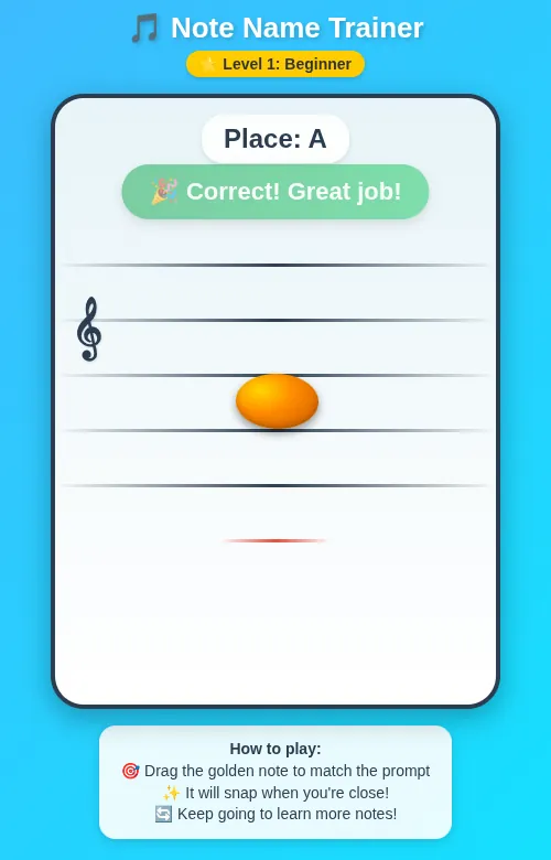 Screenshot of the free beginner app to learn note names (treble clef edition), showing a golden note being dragged on a musical staff.