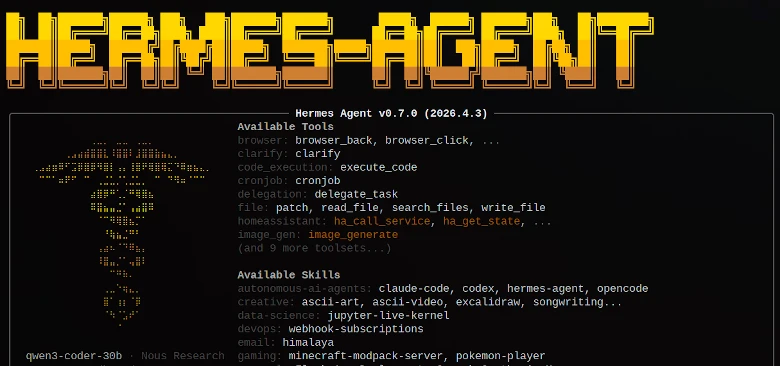 The Hermes Agent user interface during a local deployment, demonstrating its capabilities for system automation and data retrieval.