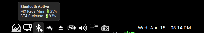 screenshot of mx linux bluetooth mouse and keyboard connected plus battery level values