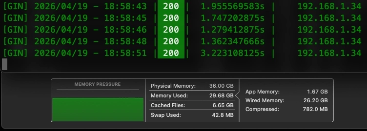 Qwen3.6 36B model running via Ollama on a Mac Studio M4 Max, showing the terminal interface and real-time memory usage statistics.