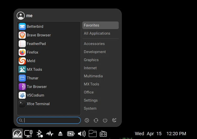 XFCE Whisker Menu with Mac-Tahoe-Dark theme and icons, showcasing a polished macOS-style interface on Linux.