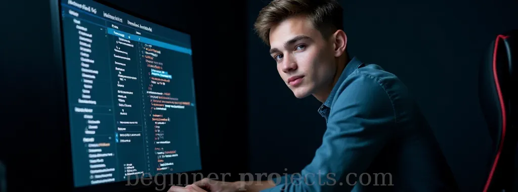 Young man programming at his desk, showcasing beginner-friendly coding projects for aspiring developers on BeginnerProjects.com.